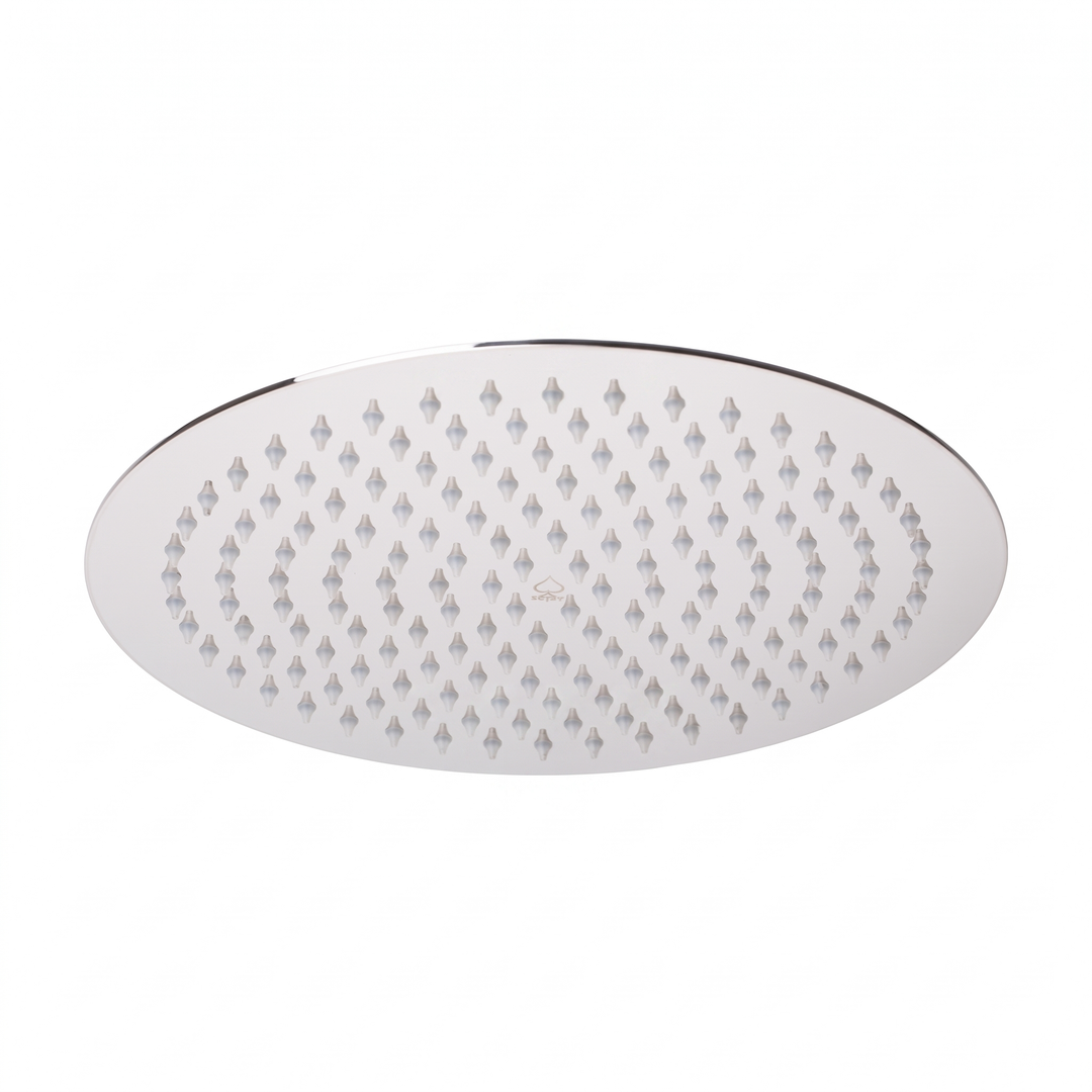 A round shaped 10-inch rain shower head with a polished chrome finish with gray rubber silicone nozzles shown against a plain white background sold by BAI.