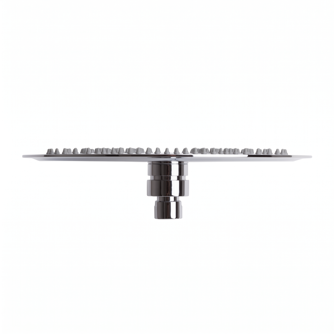 A side view round shaped 10-inch rain shower head with a polished chrome finish with gray rubber silicone nozzles shown against a plain white background sold by BAI.