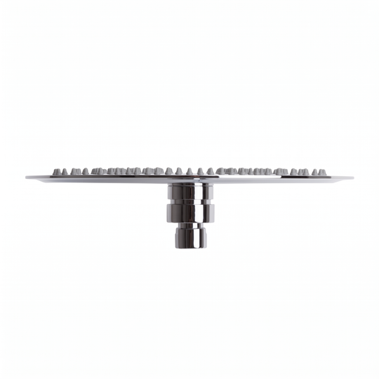 A side view round shaped 10-inch rain shower head with a polished chrome finish with gray rubber silicone nozzles shown against a plain white background sold by BAI.