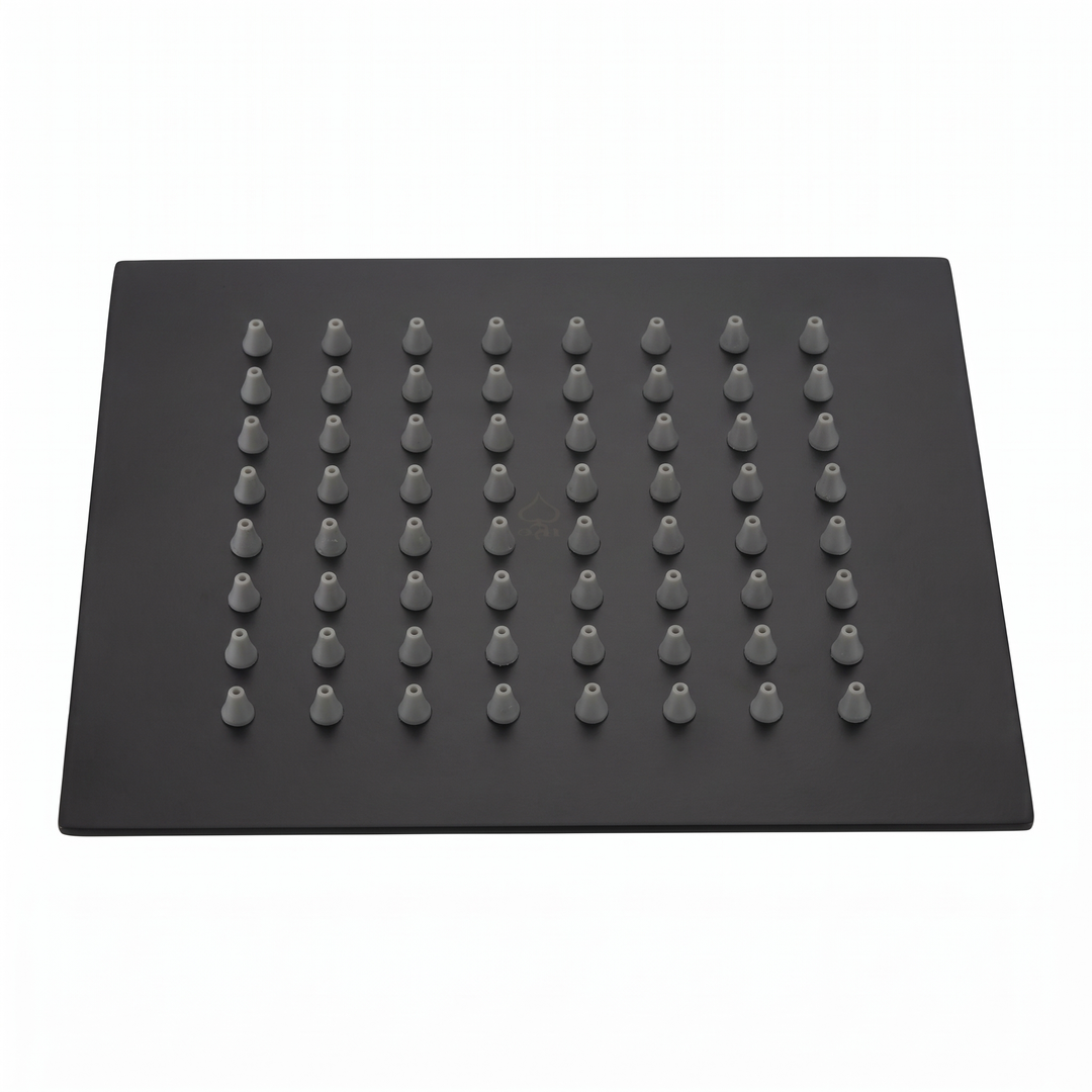 BAI 42042 square matte black 6-inch shower head plate with multiple small gray silicone nozzles shown on a plain white background.