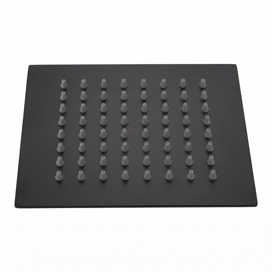 BAI 42042 square matte black 6-inch shower head plate with multiple small gray silicone nozzles shown on a plain white background.