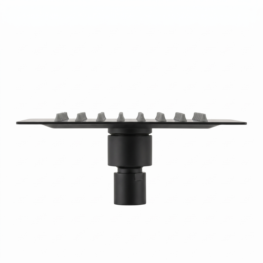 BAI 42042 square matte black 6-inch shower head plate with multiple small gray silicone nozzles shown on a plain white background side view.