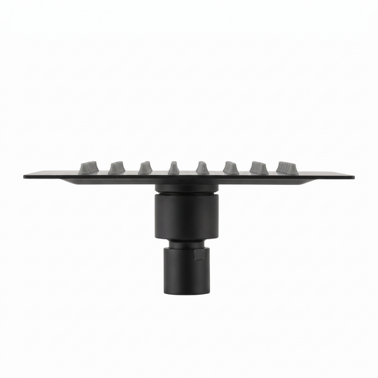 BAI 42042 square matte black 6-inch shower head plate with multiple small gray silicone nozzles shown on a plain white background side view.