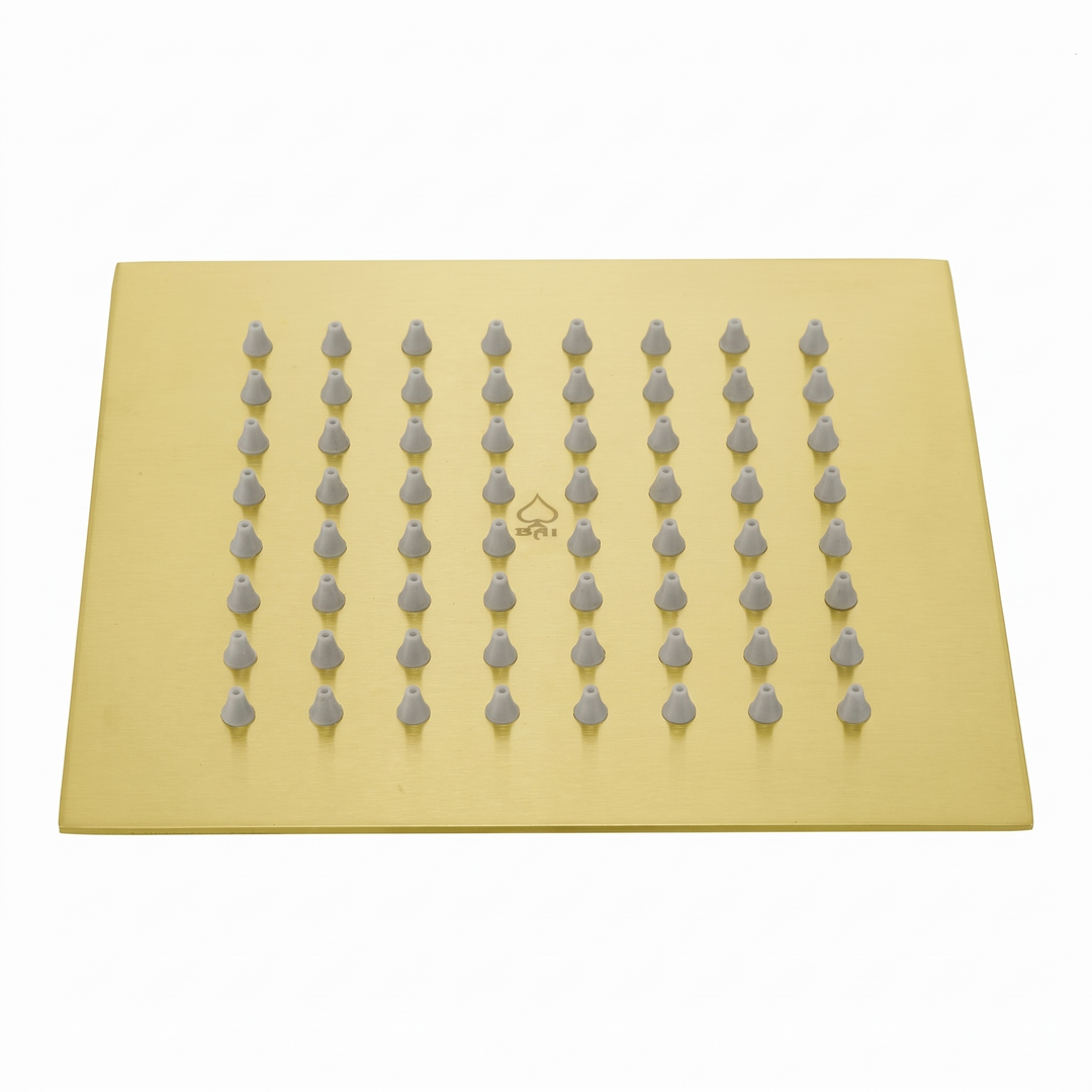 BAI 42043 square brushed gold 6-inch shower head plate with multiple small gray silicone nozzles shown on a plain white background.