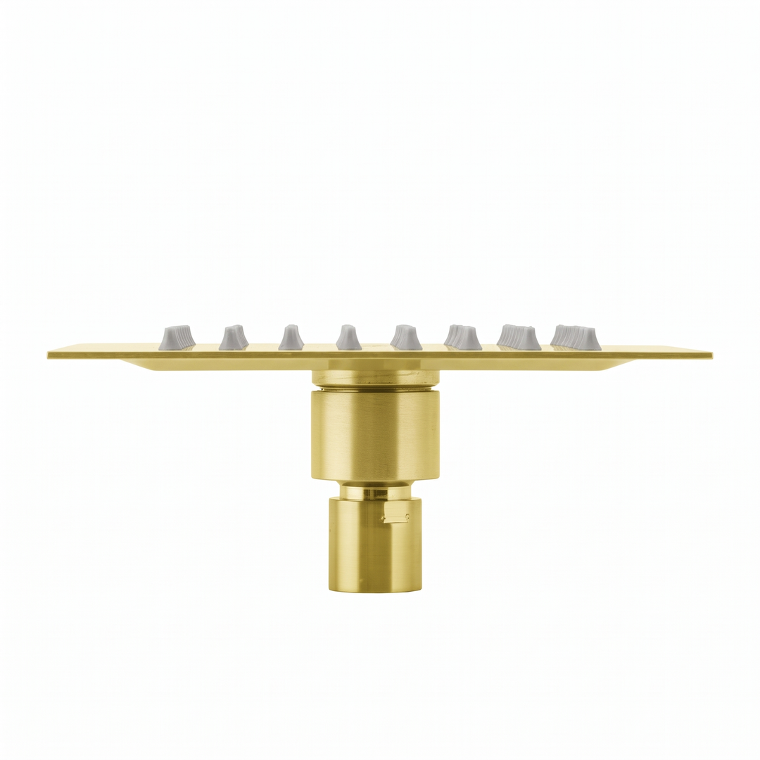 BAI 42043 square brushed gold 6-inch shower head plate with multiple small gray silicone nozzles shown on a plain white background.