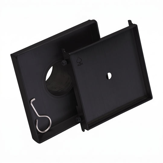BAI 47001 Stainless Steel 5-inch Tile Insert Square Shower Drain in Matte Black finish with a removable grate shown against a white plain background.