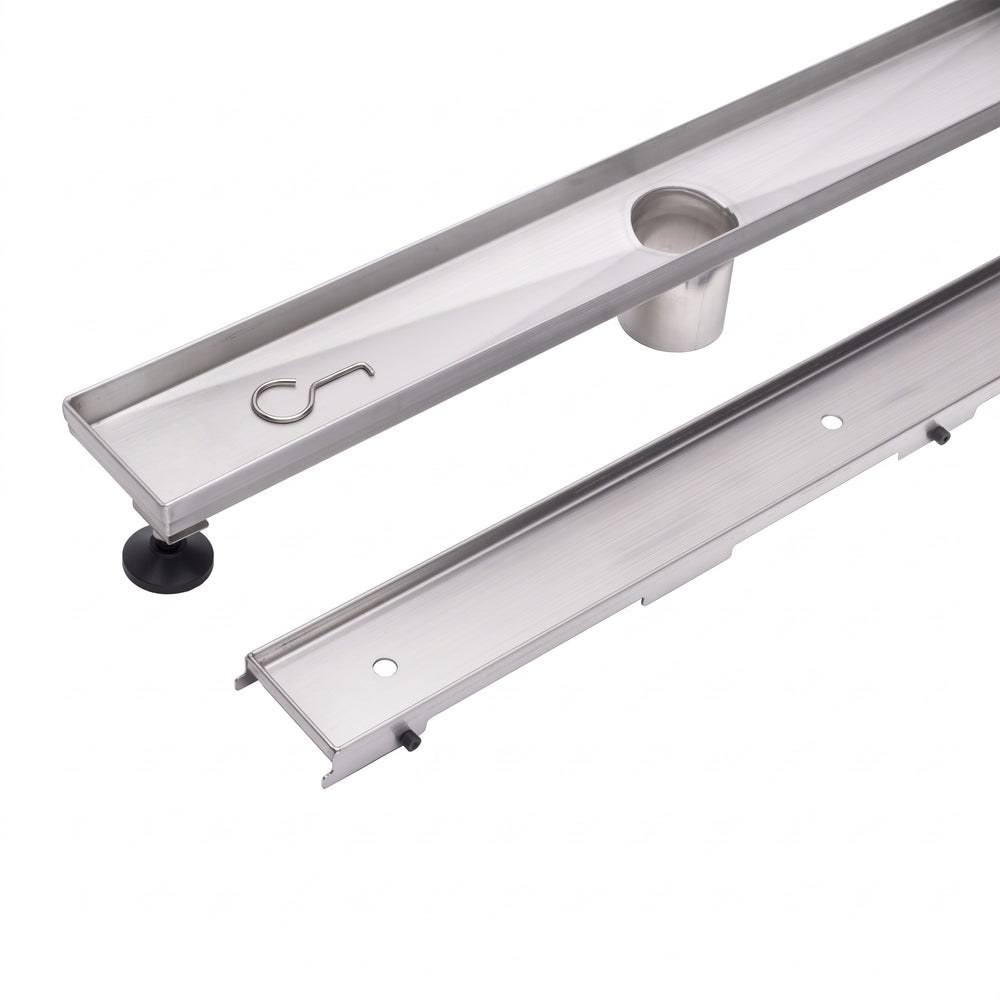 MegaBAI Stainless Steel Tile Insert Linear Shower Drain with a removable grate and adjutsable leveling legs shown against a plain white background.