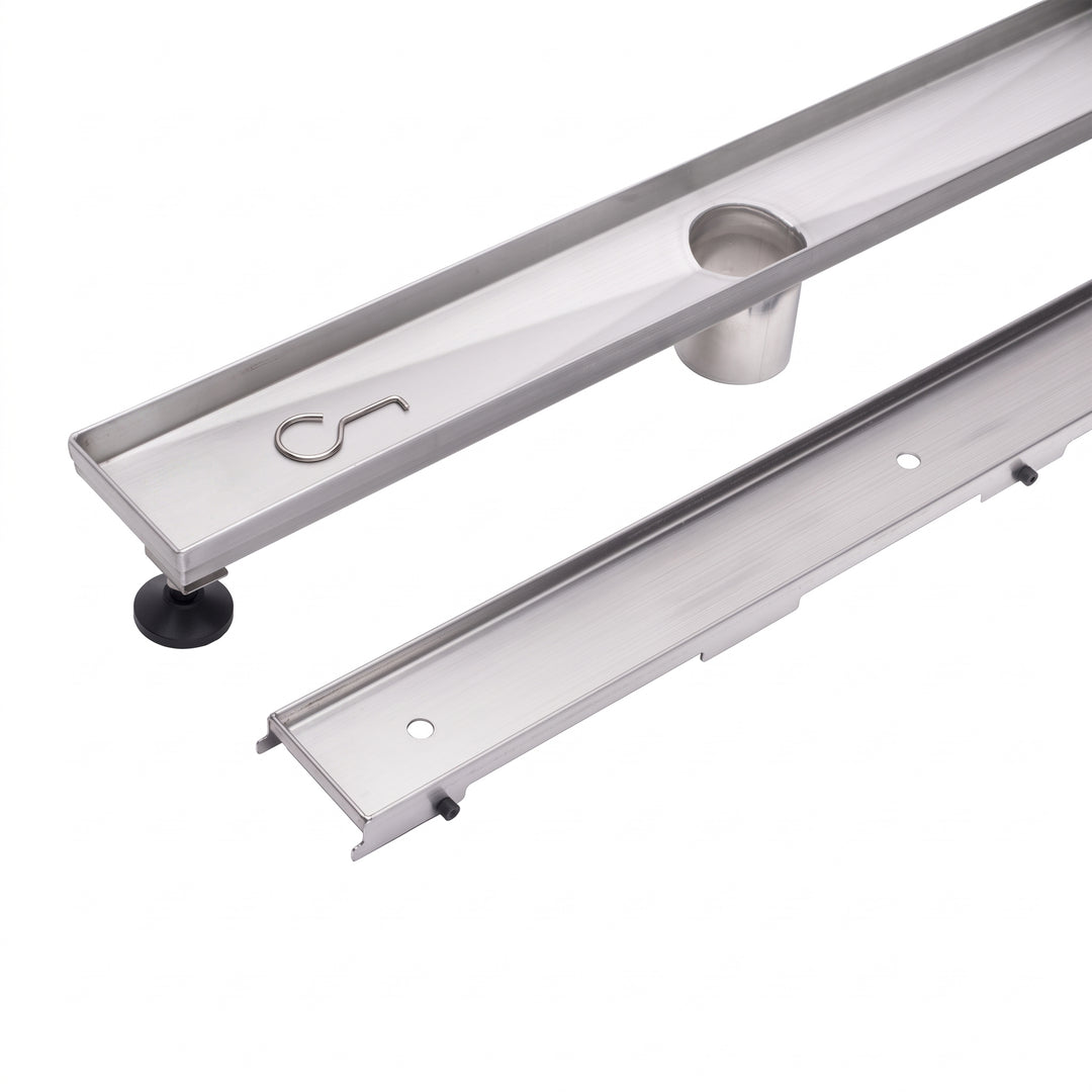 MegaBAI Stainless Steel Tile Insert Linear Shower Drain with a removable grate and adjutsable leveling legs shown against a plain white background.
