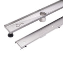 MegaBAI Stainless Steel Tile Insert Linear Shower Drain with a removable grate and adjutsable leveling legs shown against a plain white background.