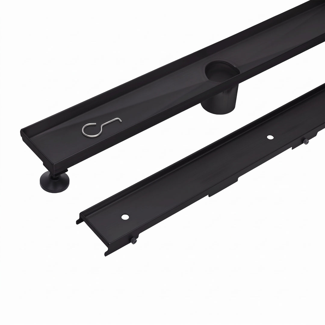 MegaBAI Stainless Steel Tile Insert Linear Shower Drain in a matte black finish with a removable grate and adjustable leveling legs shown against a plain white background.