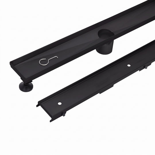 MegaBAI Stainless Steel Tile Insert Linear Shower Drain in a matte black finish with a removable grate and adjustable leveling legs shown against a plain white background.