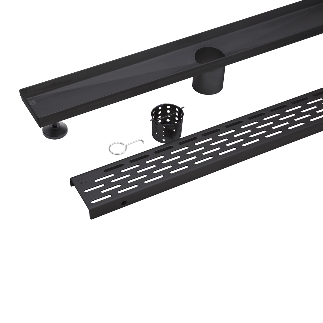 Black metal linear shower drainage system components, including a channel drain, a grate bar, a cylindrical drain cover, and a small mounting hook, shown on a white background.