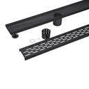 Black metal linear shower drainage system components, including a channel drain, a grate bar, a cylindrical drain cover, and a small mounting hook, shown on a white background.