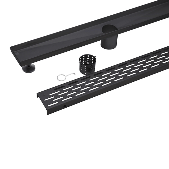 Black metal linear shower drainage system components, including a channel drain, a grate bar, a cylindrical drain cover, and a small mounting hook, shown on a white background.