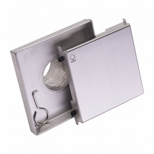 MegaBAI Stainless Steel 5-inch Square Shower Drain with a removable grate shown against a white background.
