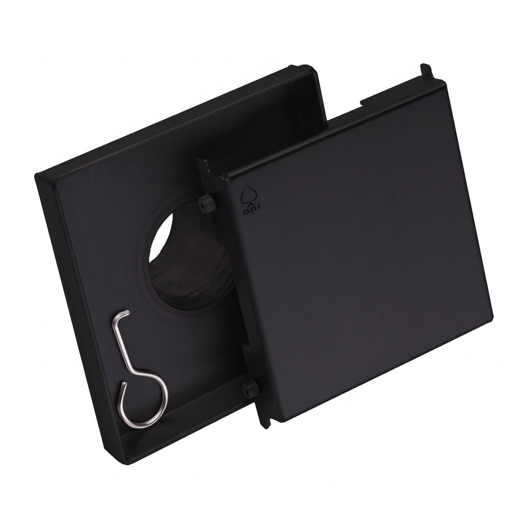 MegaBAI Stainless Steel 5-inch Square Shower Drain in matte black finish with a removable grate shown against a white background.