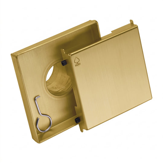 MegaBAI Stainless Steel 5-inch Square Shower Drain in brushed gold finish with a removable grate shown against a white background.