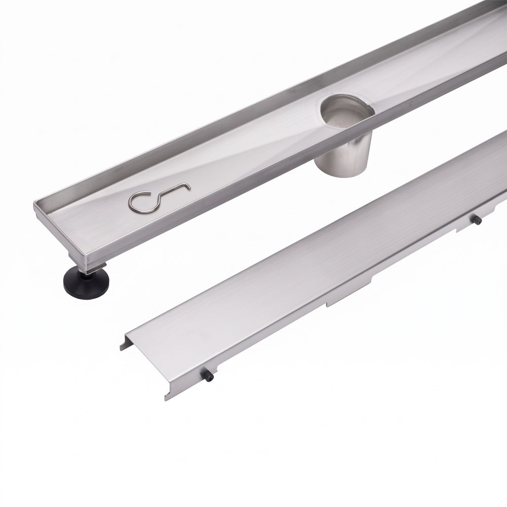 MegaBAI Stainless Steel Linear Shower Drain with adjustable leveling legs and removable grate shown against a white background.