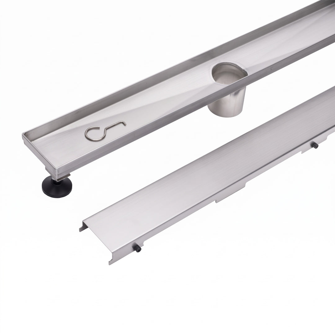 MegaBAI Stainless Steel Linear Shower Drain with adjustable leveling legs and removable grate shown against a white background.