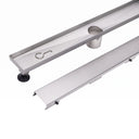 MegaBAI Stainless Steel Linear Shower Drain with adjustable leveling legs and removable grate shown against a white background.