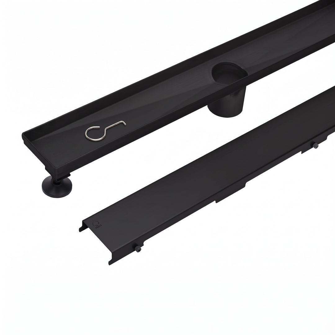 MegaBAI Stainless Steel Linear Shower Drain in matte black finish with adjustable leveling legs and removable grate shown against a white background.