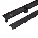 MegaBAI Stainless Steel Linear Shower Drain in matte black finish with adjustable leveling legs and removable grate shown against a white background.