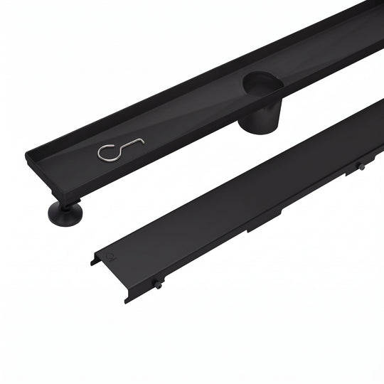 MegaBAI Stainless Steel Linear Shower Drain in matte black finish with adjustable leveling legs and removable grate shown against a white background.