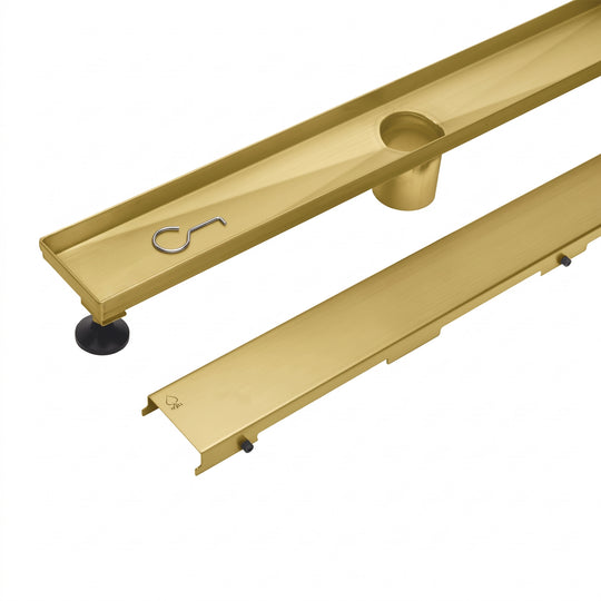 MegaBAI Stainless Steel Linear Shower Drain in brushed gold finish with adjustable leveling legs and removable grate shown against a white background.