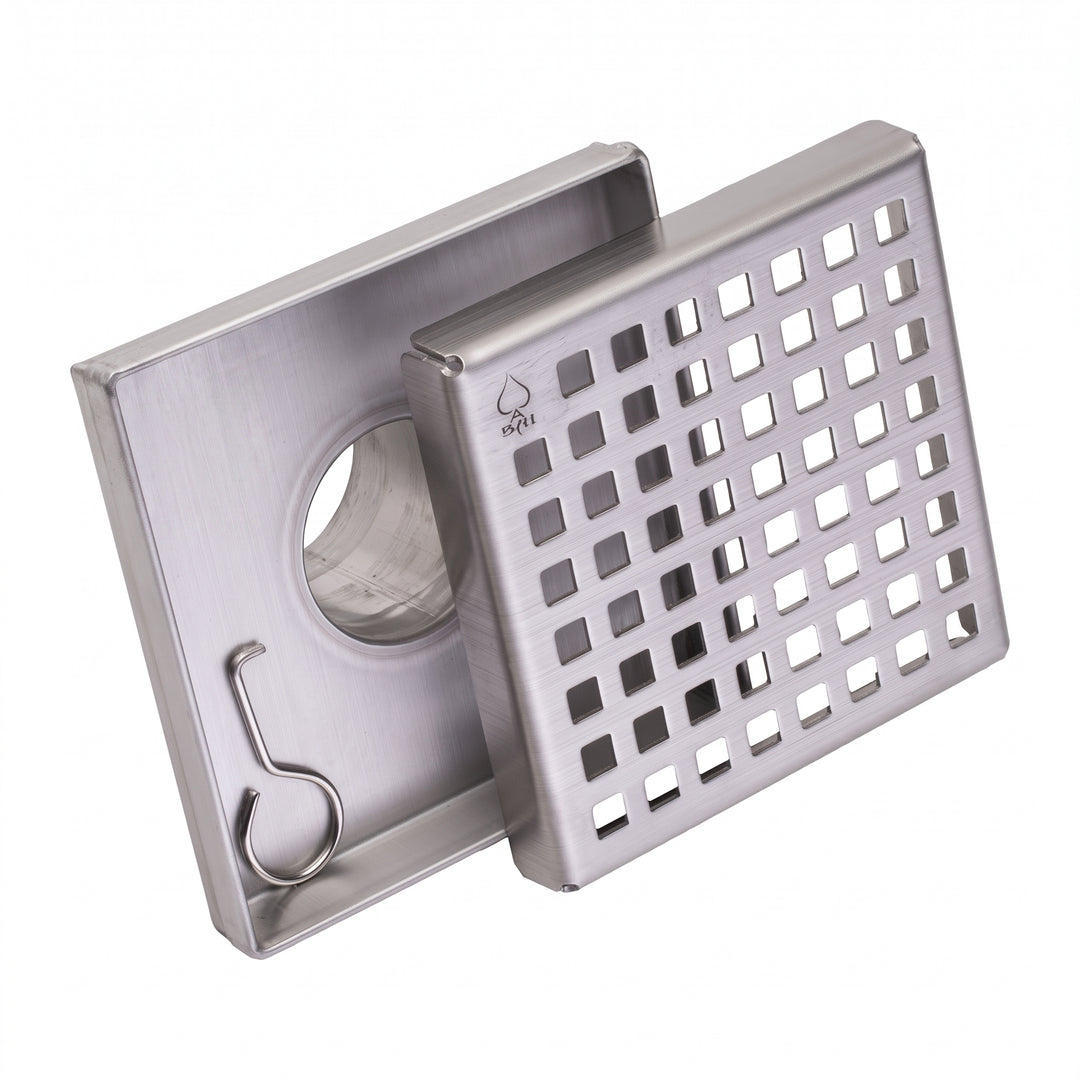BAI 47180 Stainless Steel 5-inch Square Shower Drain with a removable grate that has square holes shown against a white background.