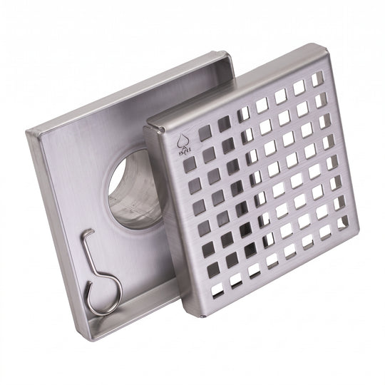 BAI 47180 Stainless Steel 5-inch Square Shower Drain with a removable grate that has square holes shown against a white background.