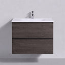 A floating 26-inch bathroom vanity with a dark brown graphite wood-grain finish, a white integrated sink, and a chrome faucet, shown against a light gray wall.