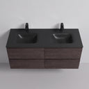 A modern floating 52-inch bathroom vanity with a matte black double basin countertop, dark brown graphite wood-grain cabinet, and matte black faucet handles, shown against a light gray wall.