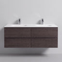 A modern 52-inch floating double-sink bathroom vanity with a dark graphite wood-grain cabinet, a matte white countertop, and two chrome faucets, shown against a light gray wall.