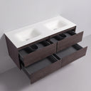 A modern 52-inch wall-mounted bathroom vanity with a matte white double basin countertop, dark brown graphite wood-grain cabinet, and four open drawers showing gray interior compartments, set against a light gray wall and floor.
