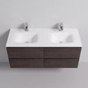 A modern 52-inch wall-mounted double-sink bathroom vanity with a matte white integrated countertop and sinks, paired with dark brown graphite wood-grain cabinets and two chrome faucets, shown against a light gray wall.