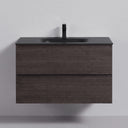 A modern 34-inch floating bathroom vanity with a dark brown graphite wood grain finish, a matte black countertop, an integrated black sink, and a matching matte black faucet, shown against a neutral light gray wall.