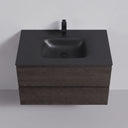 A modern 34-inch floating bathroom vanity with a matte black rectangular basin and faucet, paired with a dark brown graphite wood-grain cabinet, shown against a neutral light gray background.