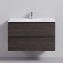 A modern 34-inch wall-mounted bathroom vanity with a dark brown graphite wood-grain finish, a white integrated sink countertop, and a chrome faucet, shown against a light gray wall.