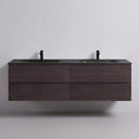 A modern 68-inch floating double-sink bathroom vanity with a dark brown graphite wood grain finish and matte black integrated basins and faucets, shown against a plain light gray wall.