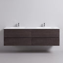 A modern floating 68-inch double-sink bathroom vanity with a dark brown graphite  wood-grain cabinet and a matte white countertop, featuring two chrome faucets, set against a minimalist light gray wall.