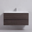 A modern 42-inch wall-mounted bathroom vanity with a dark brown graphite wood-grain finish, a matte white integrated sink countertop, and a chrome faucet, shown against a light gray wall.