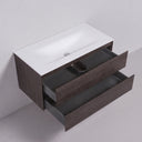 A modern 42-inch wall-mounted bathroom vanity with a matte white integrated sink countertop and two dark brown graphite wood-grain drawers, one of which is open to show the interior.