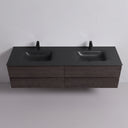 A modern floating 84-inch double-sink bathroom vanity in dark brown graphite wood finish with four drawers and matte black countertop, suspended against a plain light gray wall with two matte black faucets.