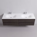 A modern floating 84-inch double-sink bathroom vanity with a matte white countertop and integrated basins, paired with a dark brown graphite wood-grain cabinet and two chrome faucets, shown against a neutral gray background.