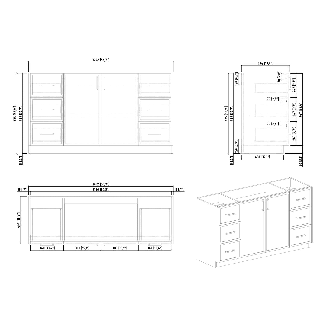 BAI Novo 59-inch Freestanding Bathroom Vanity with Gloss White Sink