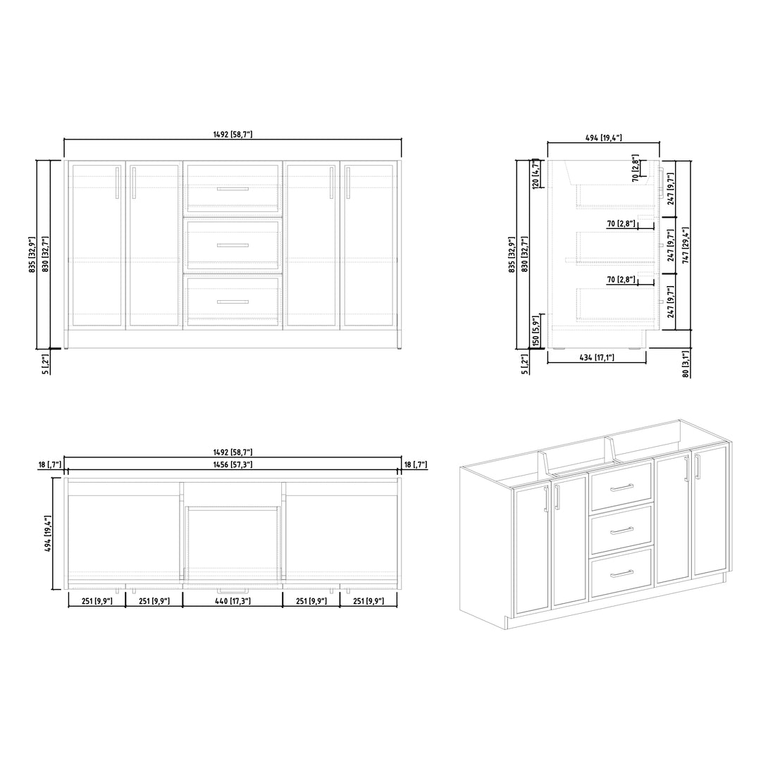 BAI Novo 59-inch Freestanding Bathroom Vanity with Gloss White Double Sink