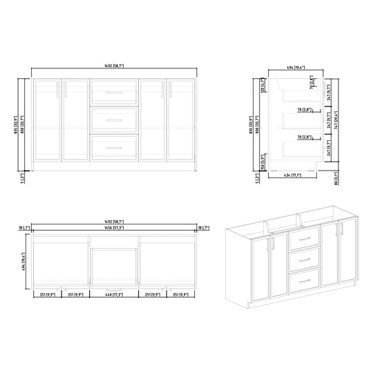 BAI Novo 59-inch Freestanding Bathroom Vanity with Gloss White Double Sink