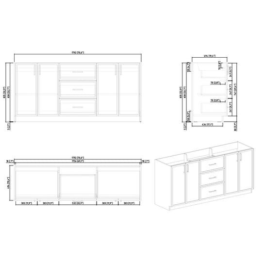 BAI Novo 71-inch Freestanding Bathroom Vanity with Gloss White Double Sink