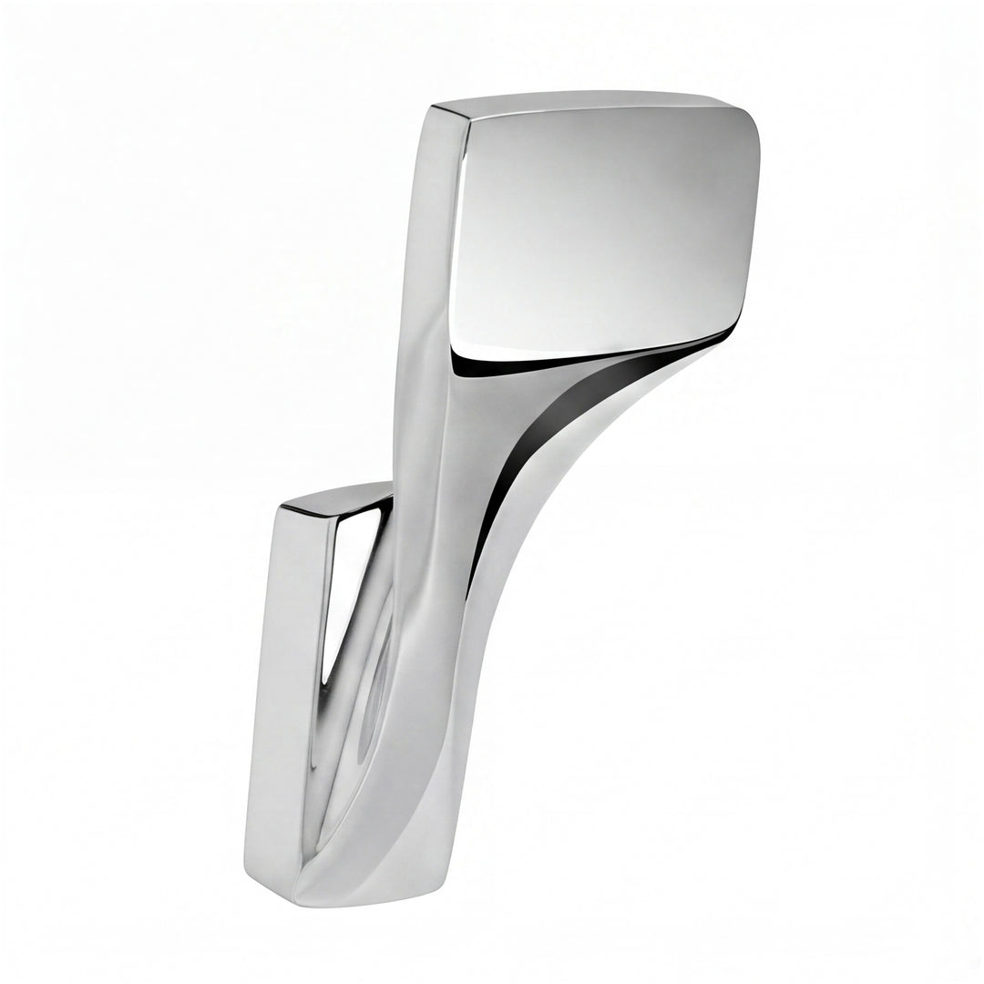 A modern polished chrome bathroom robe hook by megabai on a white background.