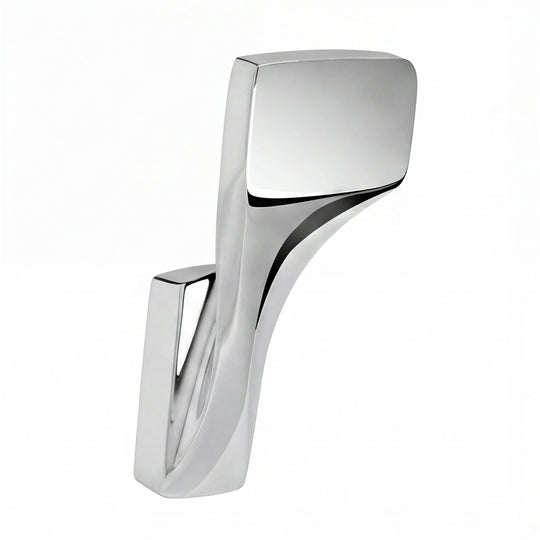 A modern polished chrome bathroom robe hook by megabai on a white background.